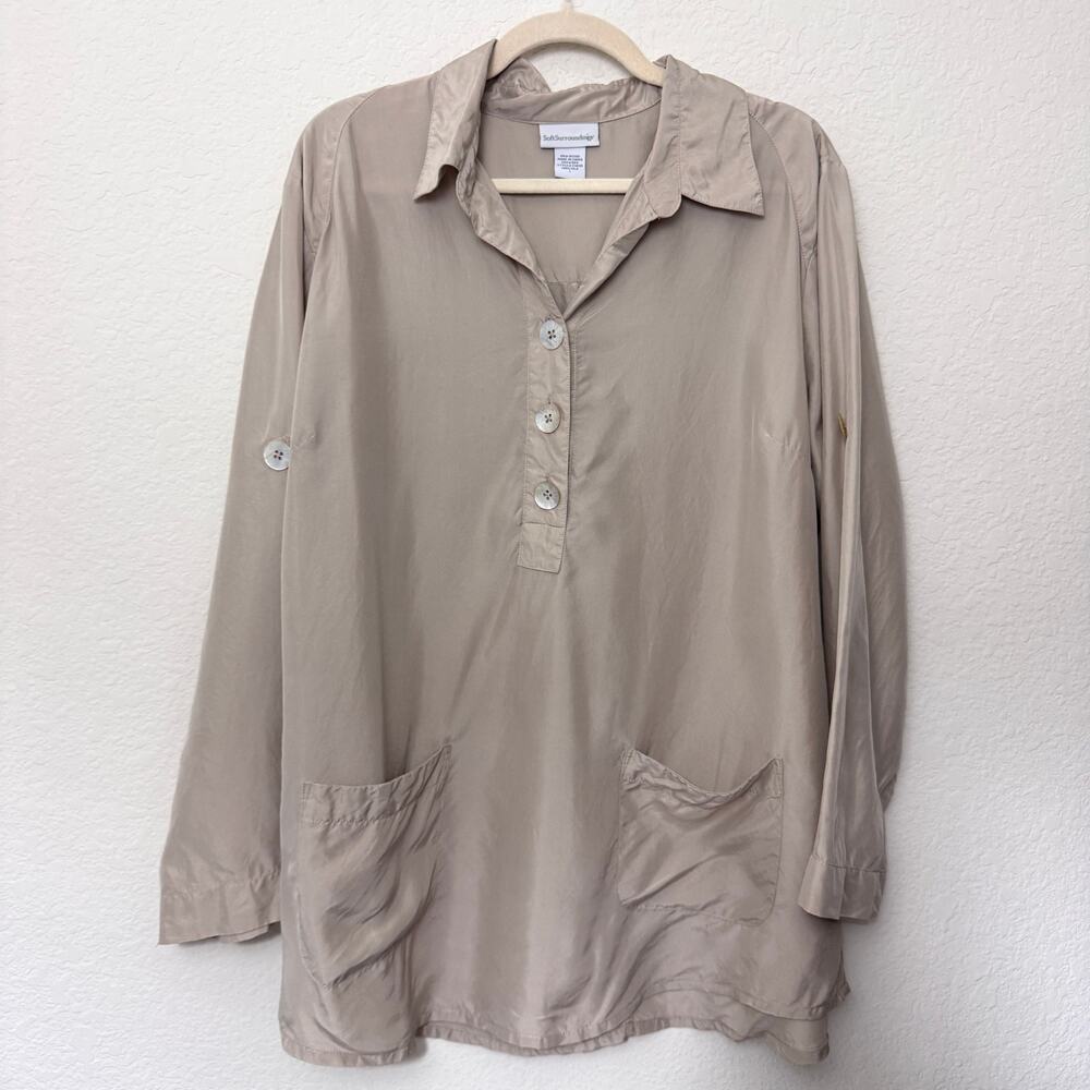 Soft Surroundings Womens 100% Silk Blouse Top Size L Artsy Neutral Flowy Tan